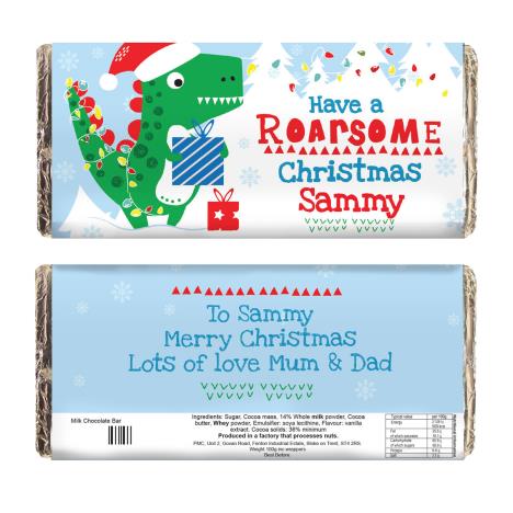 Personalised Dinosaur Roarsome Christmas 100g Milk Chocolate Bar £5.99